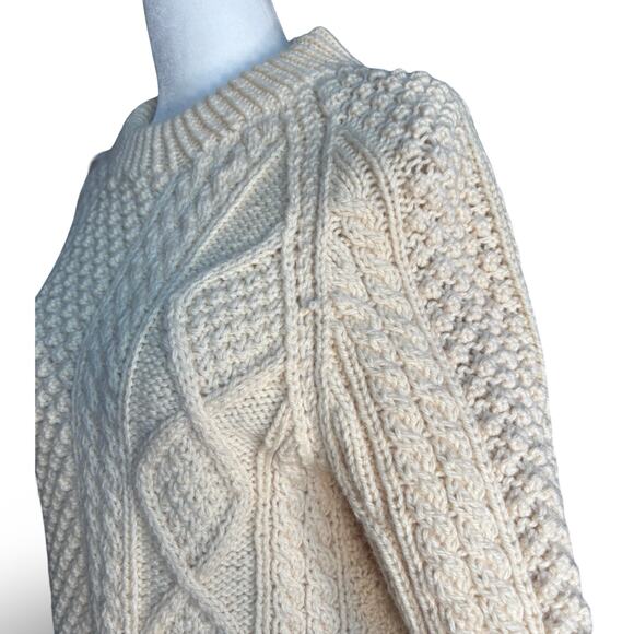 American Vintage Handknit Irish Fisherman Sweater Wool Aran Cable Cream Large - Picture 6 of 14